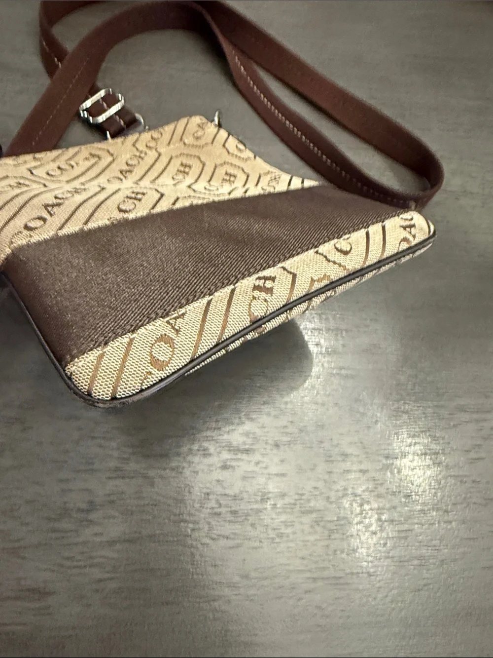 Coach Signature Jacquard North South Swingpack Crossbody Bag Brown Tan